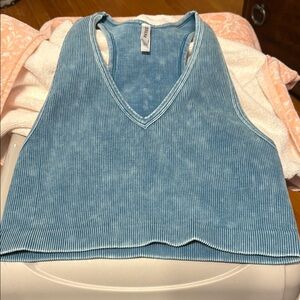 Zenana Blue V-Neck Ribbed Women's Top